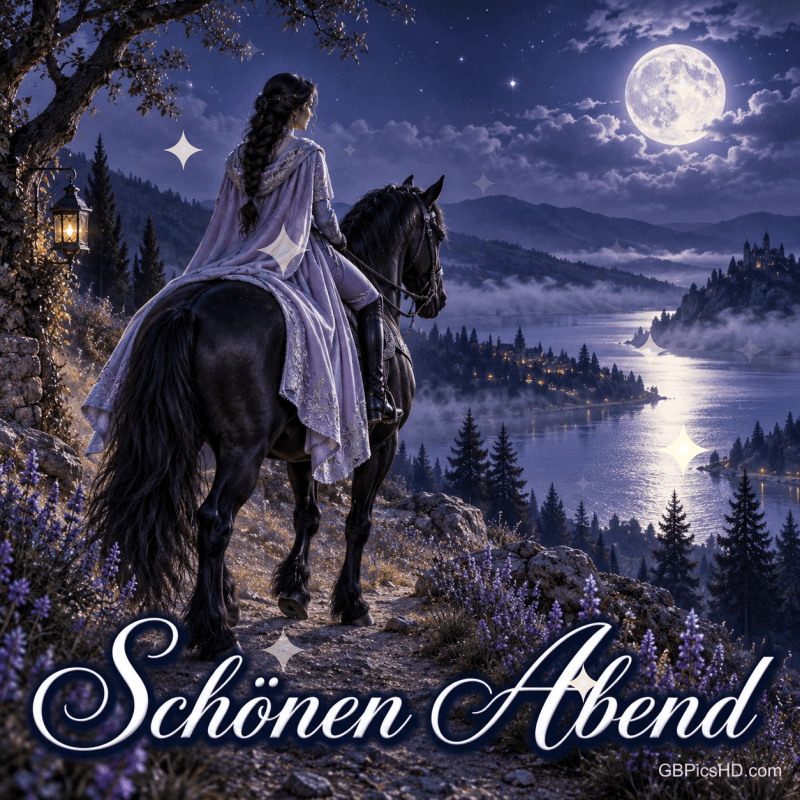 Eine Frau auf einem schwarzen Pferd blickt auf einen See im Mondlicht; darunter steht "Schönen Abend".