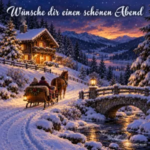 Ein Pferdeschlitten fährt durch eine verschneite Berglandschaft mit Holzhaus und Steinbrücke; "Wünsche dir einen schönen Abend".