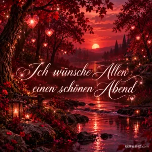 Herzlichter hängen über einem roten Flussufer mit Laternen und einer Hütte; mittig steht "Ich wünsche allen einen schönen Abend".