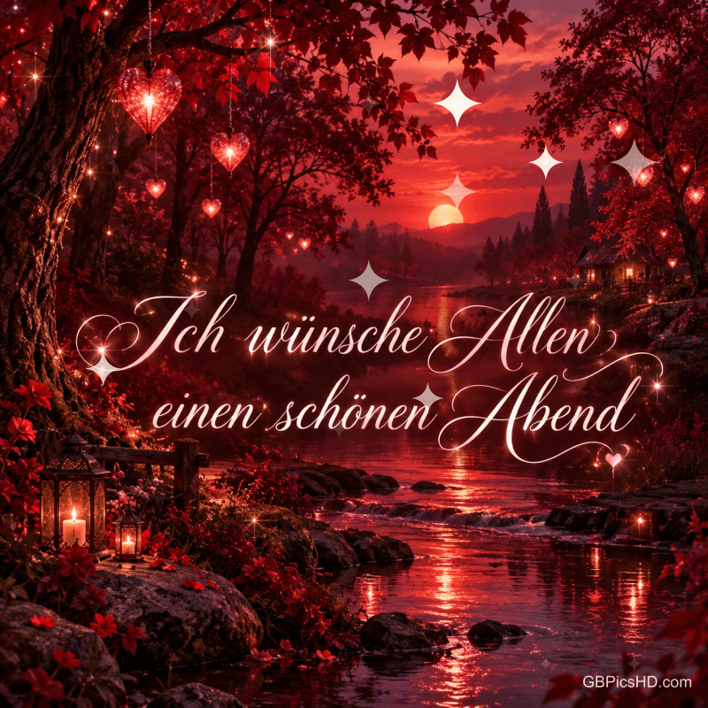 Herzlichter hängen über einem roten Flussufer mit Laternen und einer Hütte; mittig steht "Ich wünsche allen einen schönen Abend".