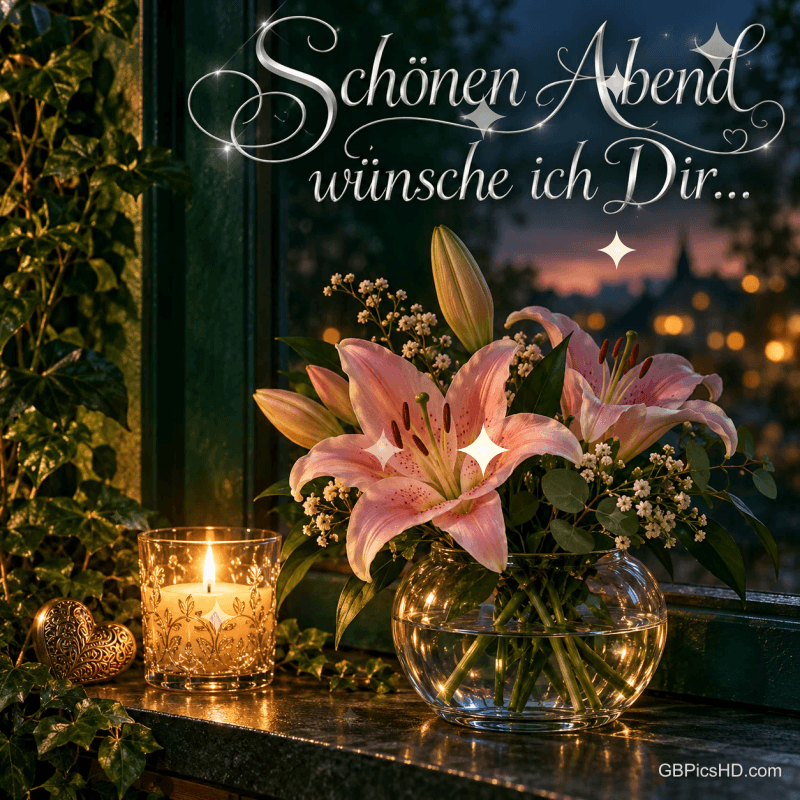 Rosa Lilien in einer Glasvase, eine Kerze und ein Dekoherz am Fenster mit "Schönen Abend wünsche ich Dir...".
