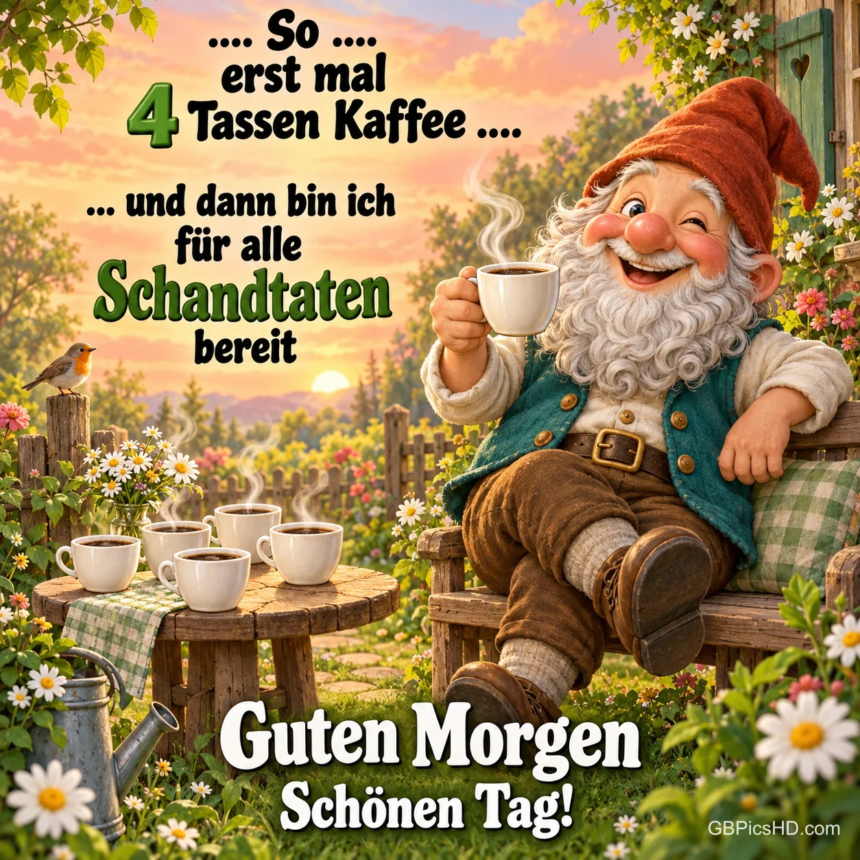 Ein lachender Gartenzwerg hält eine Kaffeetasse im blühenden Garten; unten steht "Guten Morgen Schönen Tag!". Ein lachender Gartenzwerg hält eine Kaffeetasse im blühenden Garten; unten steht "Guten Morgen Schönen Tag!".