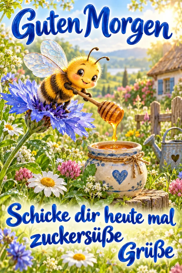 Eine Biene hält einen Honiglöffel über einen Honigtopf im Blumengarten; dazu "Guten Morgen Schicke dir heute mal zuckersüße Grüße".