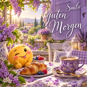 Ein gelber Smiley sitzt neben Croissant, Beeren und einer dampfenden lila Tasse auf einem Blumentisch; dazu "Smiley Guten Morgen".