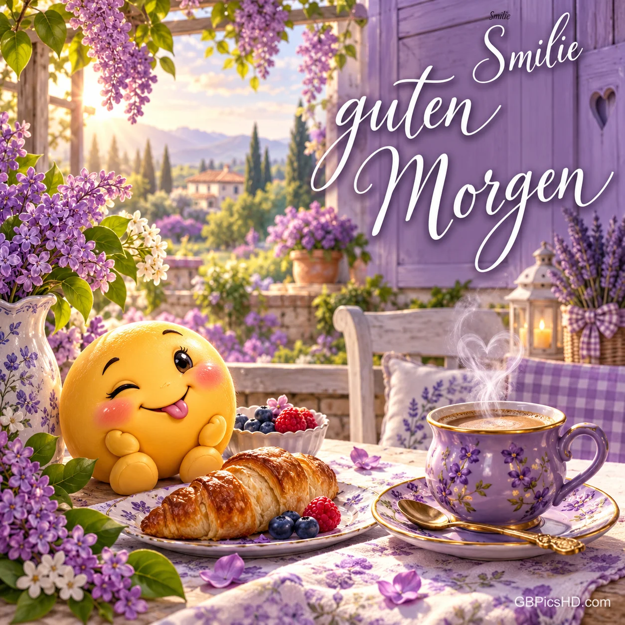 Ein gelber Smiley sitzt neben Croissant, Beeren und einer dampfenden lila Tasse auf einem Blumentisch; dazu "Smiley Guten Morgen".