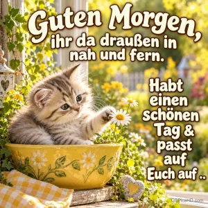 Ein Kätzchen sitzt in einer gelben Blumenschale und berührt eine Margerite; dazu "Guten Morgen, ihr da draußen in nah und fern.".