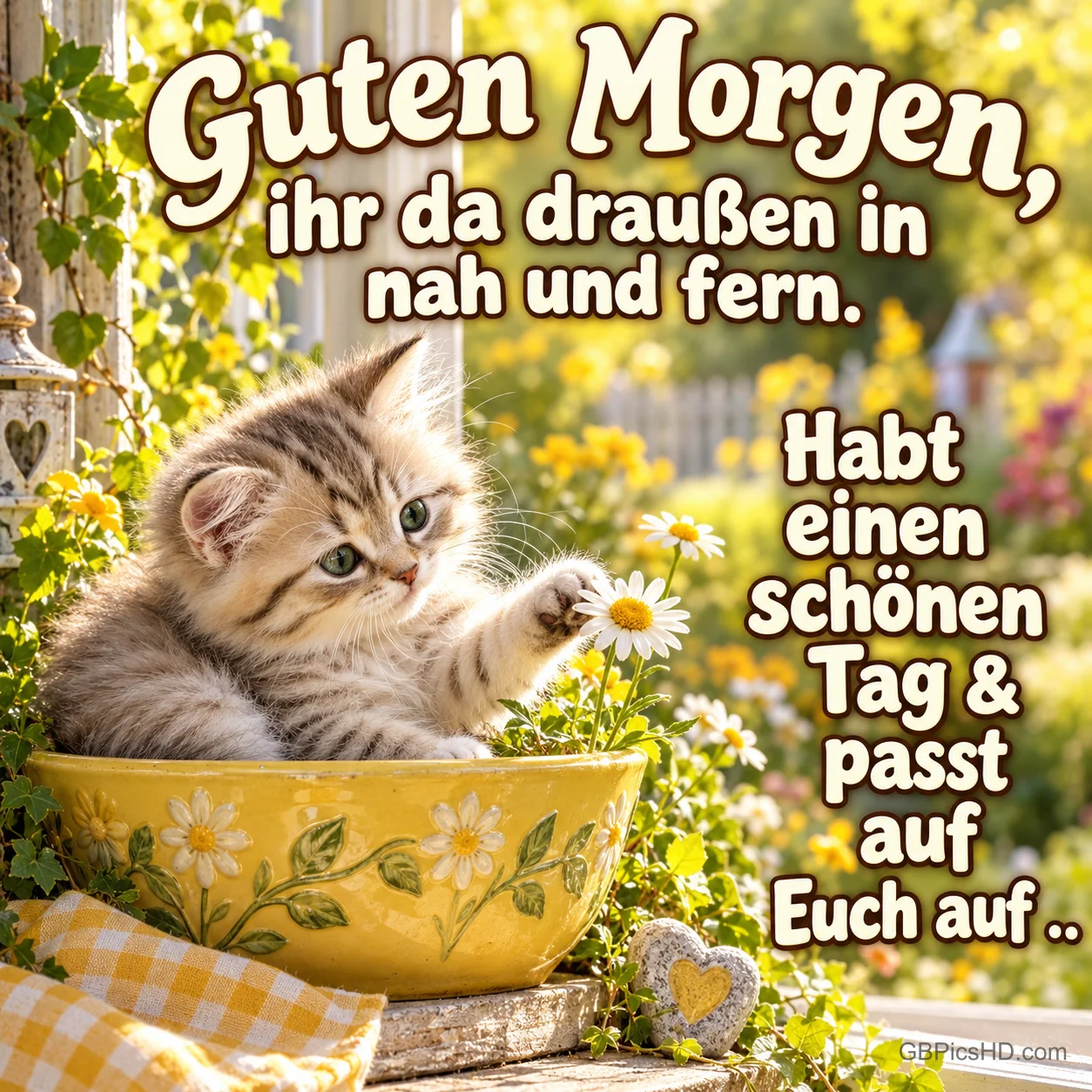 Ein Kätzchen sitzt in einer gelben Blumenschale und berührt eine Margerite; dazu "Guten Morgen, ihr da draußen in nah und fern.". Ein Kätzchen sitzt in einer gelben Blumenschale und berührt eine Margerite; dazu "Guten Morgen, ihr da draußen in nah und fern.".