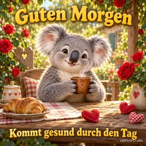Ein Koala hält eine Tasse am Gartentisch mit Croissant, roten Rosen und Stoffherzen; dazu "Guten Morgen Kommt gesund durch den Tag".