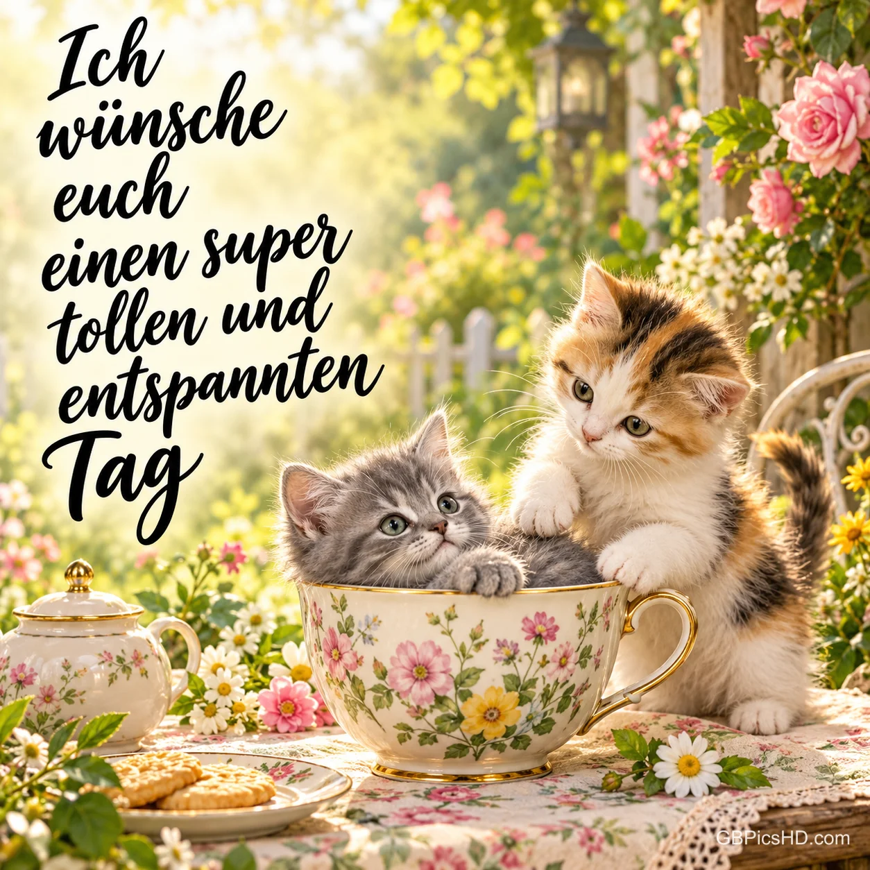 Zwei Kätzchen spielen an einer großen Blumentasse im Garten; daneben "Ich wünsche euch einen super tollen und entspannten Tag".