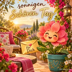 Eine lächelnde Blume im Topf hält auf einer sonnigen Terrasse einen Umschlag mit "für Dich".