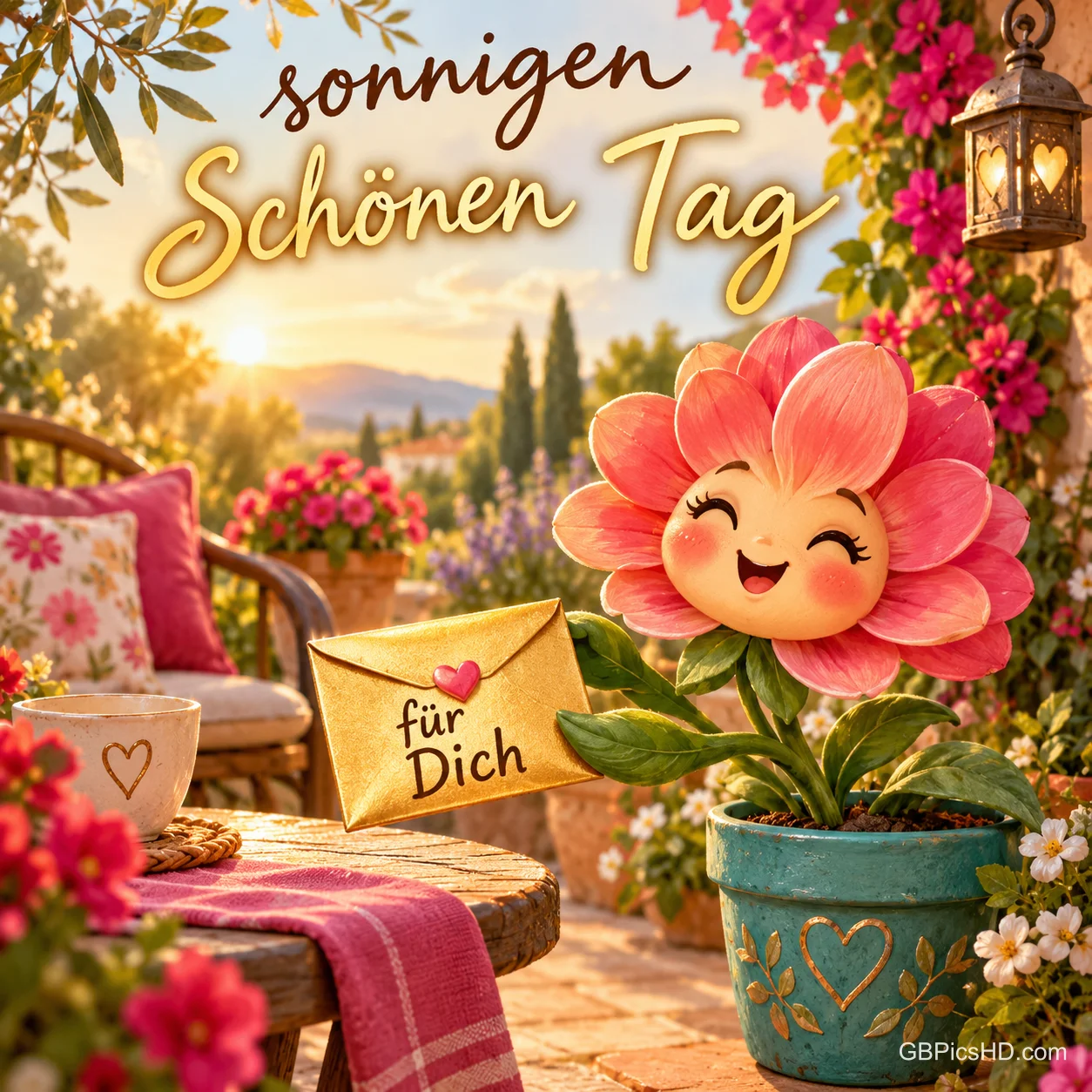 Eine lächelnde Blume im Topf hält auf einer sonnigen Terrasse einen Umschlag mit "für Dich".