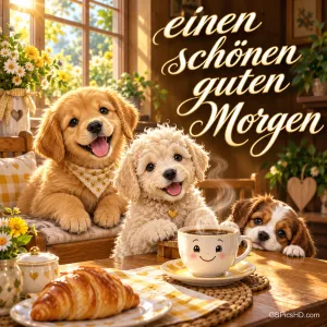 Drei fröhliche Hunde sitzen am Frühstückstisch mit Kaffee und Croissant unter "Einen schönen guten Morgen".