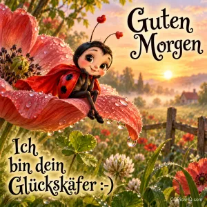 Ein Marienkäfer mit Gesicht sitzt auf einer taufrischen roten Blüte neben "Guten Morgen".