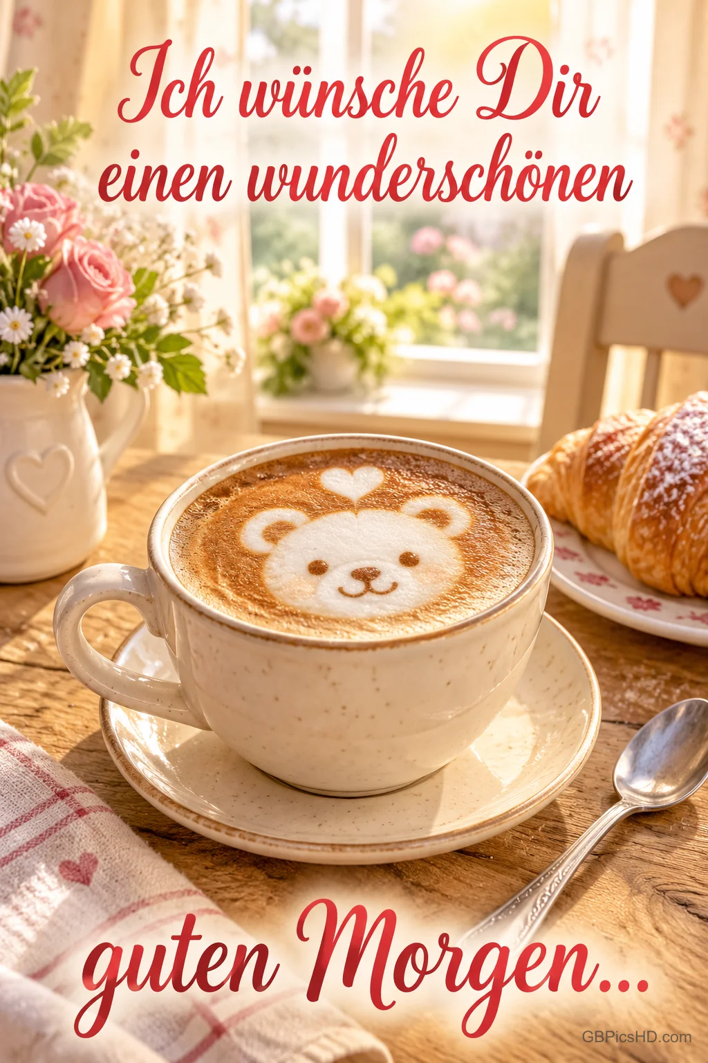 Eine Tasse Kaffee mit Bärengesicht im Milchschaum steht neben einem Croissant und "guten Morgen...".