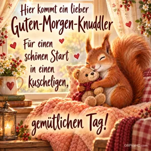 Ein Eichhörnchen kuschelt mit einem Teddybären auf einer Decke unter dem Gruß "Hier kommt ein lieber Guten-Morgen-Knuddler".