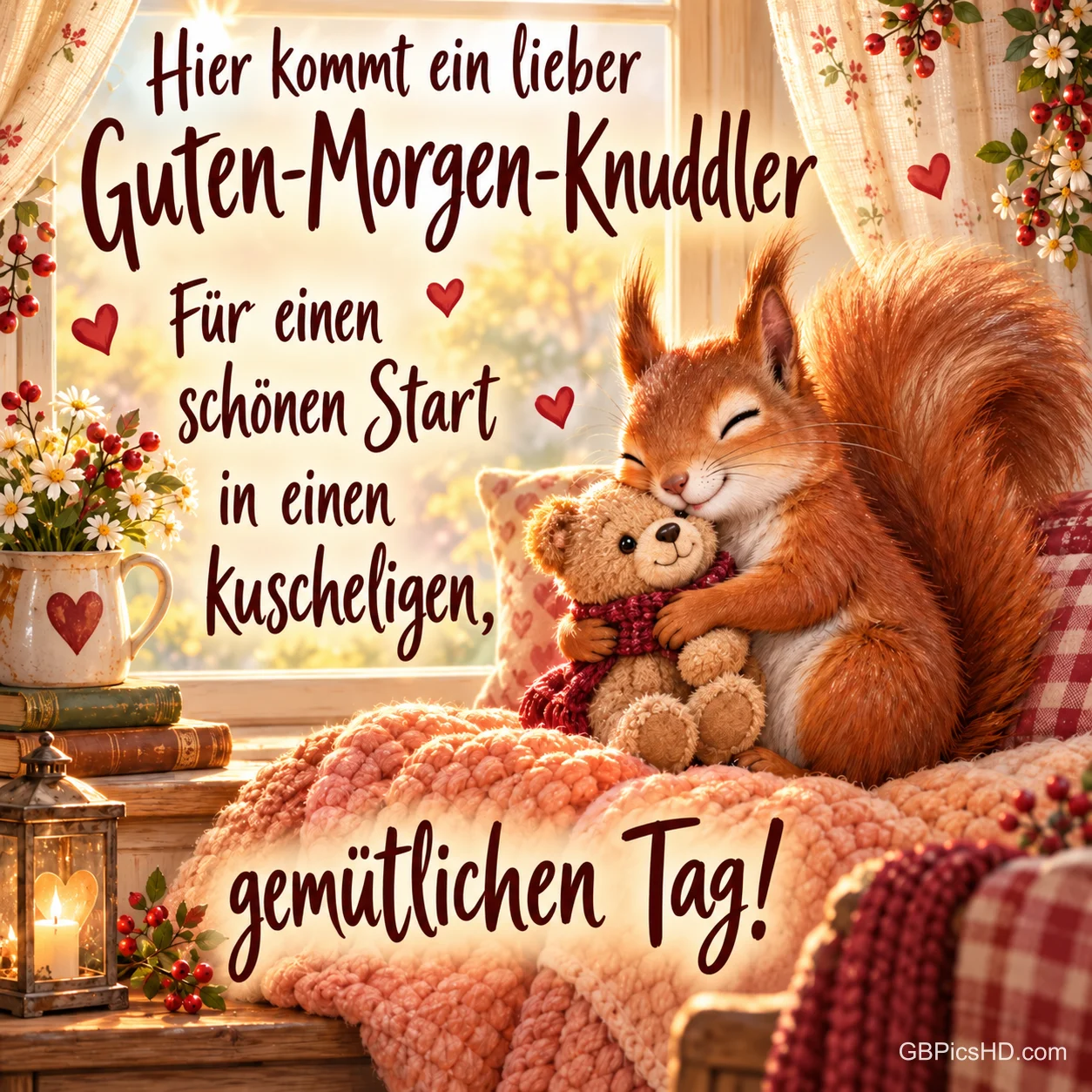 Ein Eichhörnchen kuschelt mit einem Teddybären auf einer Decke unter dem Gruß "Hier kommt ein lieber Guten-Morgen-Knuddler".
