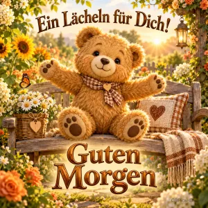Ein Teddybär mit ausgebreiteten Armen sitzt auf einer blumengesäumten Gartenbank unter "Ein Lächeln für Dich!".