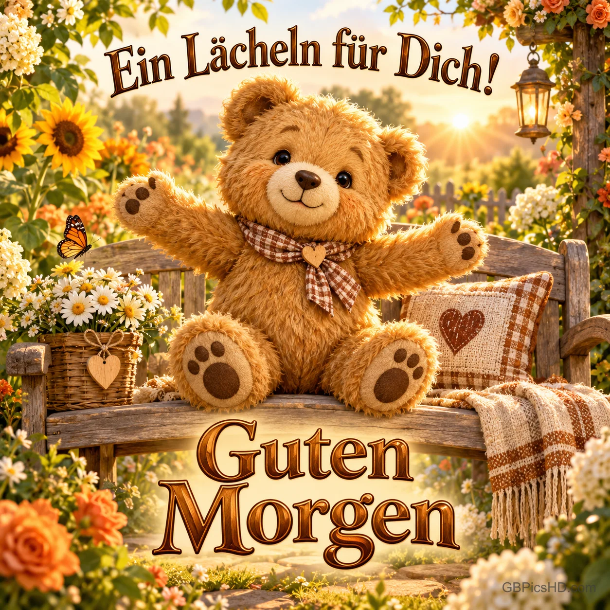 Ein Teddybär mit ausgebreiteten Armen sitzt auf einer blumengesäumten Gartenbank unter "Ein Lächeln für Dich!".