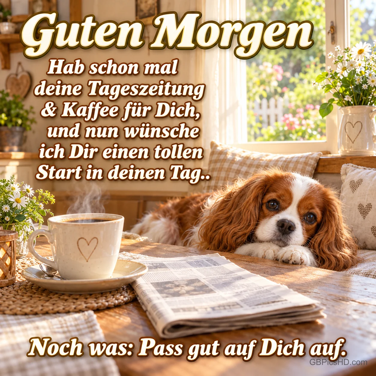 Ein braun-weißer Hund liegt hinter einem Tisch mit Kaffee und Zeitung unter dem Gruß "Guten Morgen". Ein braun-weißer Hund liegt hinter einem Tisch mit Kaffee und Zeitung unter dem Gruß "Guten Morgen".