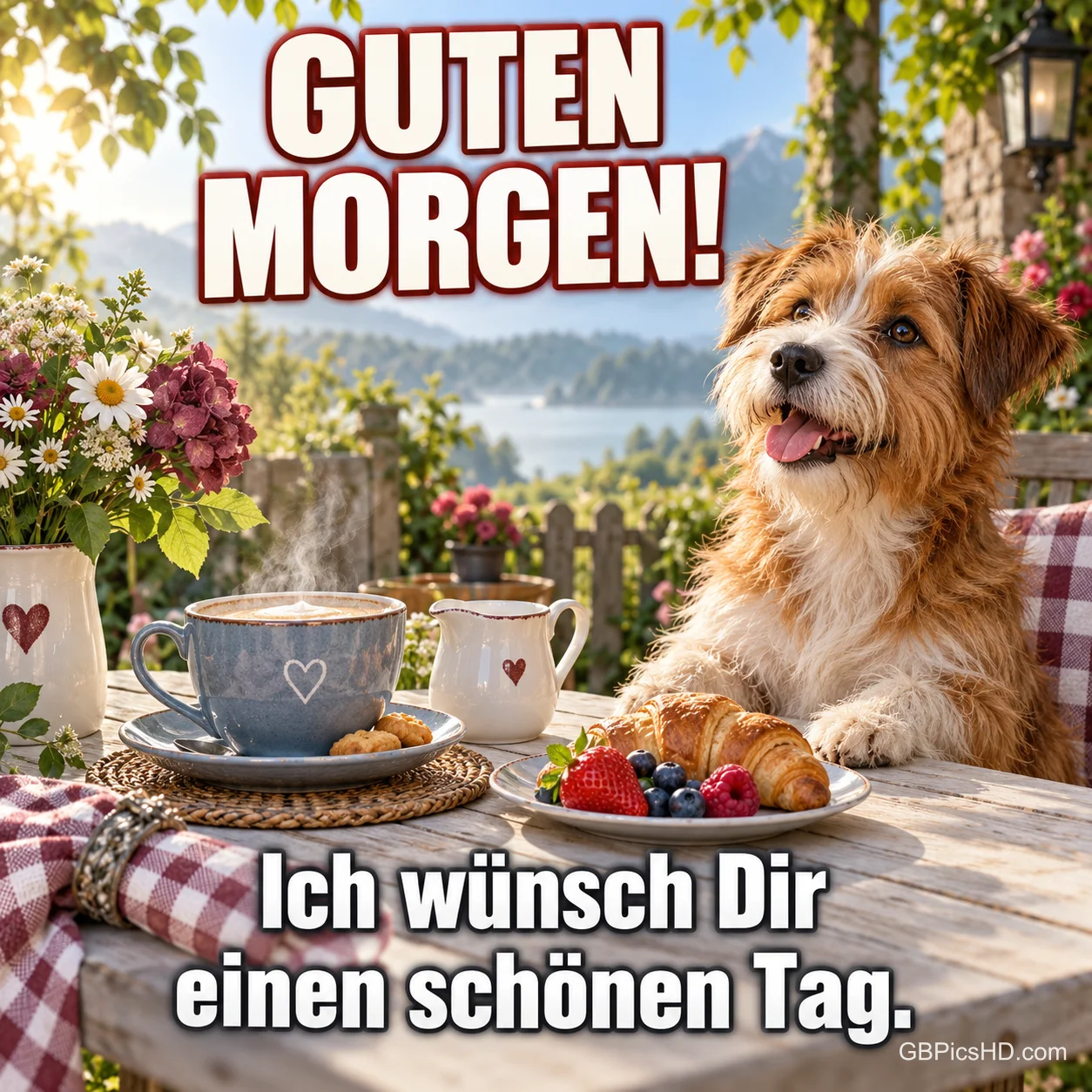 Ein Hund sitzt am Frühstückstisch mit Seeblick neben Kaffee und Croissants: "Guten Morgen! Ich wünsch Dir einen schönen Tag.". Ein Hund sitzt am Frühstückstisch mit Seeblick neben Kaffee und Croissants: "Guten Morgen! Ich wünsch Dir einen schönen Tag.".
