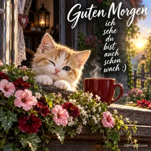 Ein zwinkerndes Kätzchen liegt neben einer dampfenden roten Tasse am blumengeschmückten Fenster mit dem Gruß "Guten Morgen".