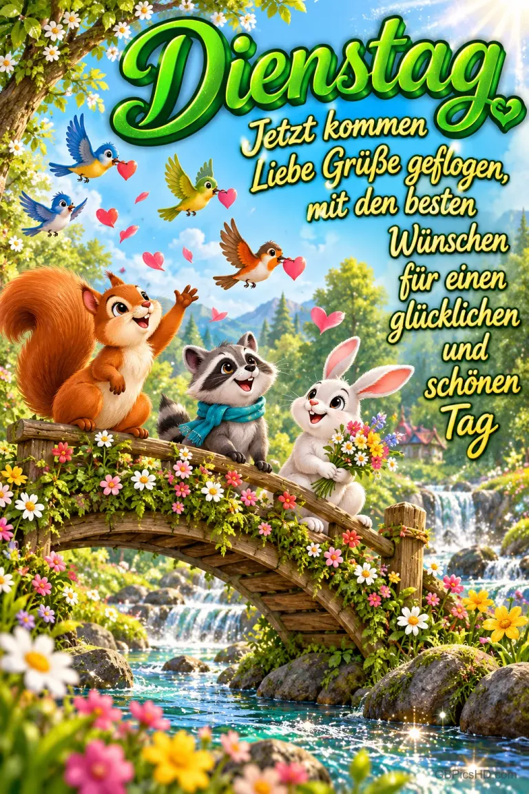 Eichhörnchen, Waschbär und Hase stehen auf einer Blumenbrücke, während Vögel Herzen tragen; darüber steht "Dienstag".