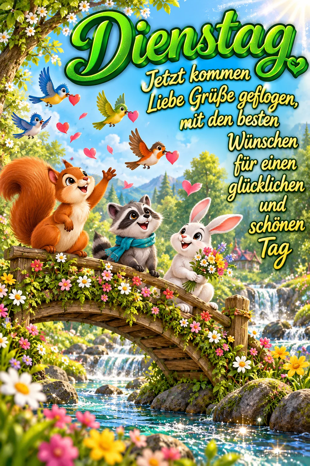Eichhörnchen, Waschbär und Hase stehen auf einer Blumenbrücke, während Vögel Herzen tragen; darüber steht "Dienstag". Eichhörnchen, Waschbär und Hase stehen auf einer Blumenbrücke, während Vögel Herzen tragen; darüber steht "Dienstag".