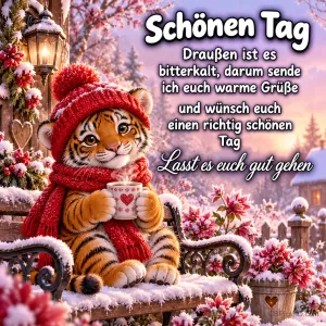 Ein Tigerjunges mit roter Mütze und rotem Schal hält eine Tasse auf einer verschneiten Bank neben "Schönen Tag".