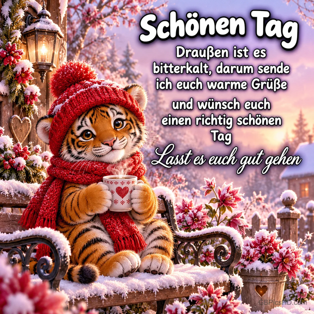 Ein Tigerjunges mit roter Mütze und rotem Schal hält eine Tasse auf einer verschneiten Bank neben "Schönen Tag".
