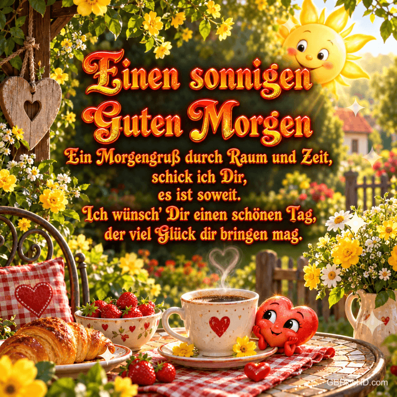 Eine lächelnde Sonne und ein Herz mit Gesicht begleiten Kaffee, Croissant und Erdbeeren bei "Einen sonnigen Guten Morgen". Eine lächelnde Sonne und ein Herz mit Gesicht begleiten Kaffee, Croissant und Erdbeeren bei "Einen sonnigen Guten Morgen".