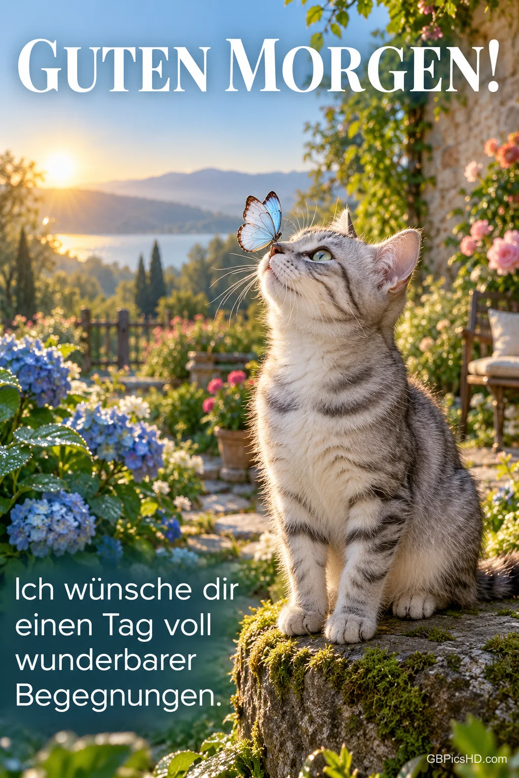 Eine Katze betrachtet einen blauen Schmetterling auf ihrer Nase im sonnigen Garten mit "Guten Morgen!".
