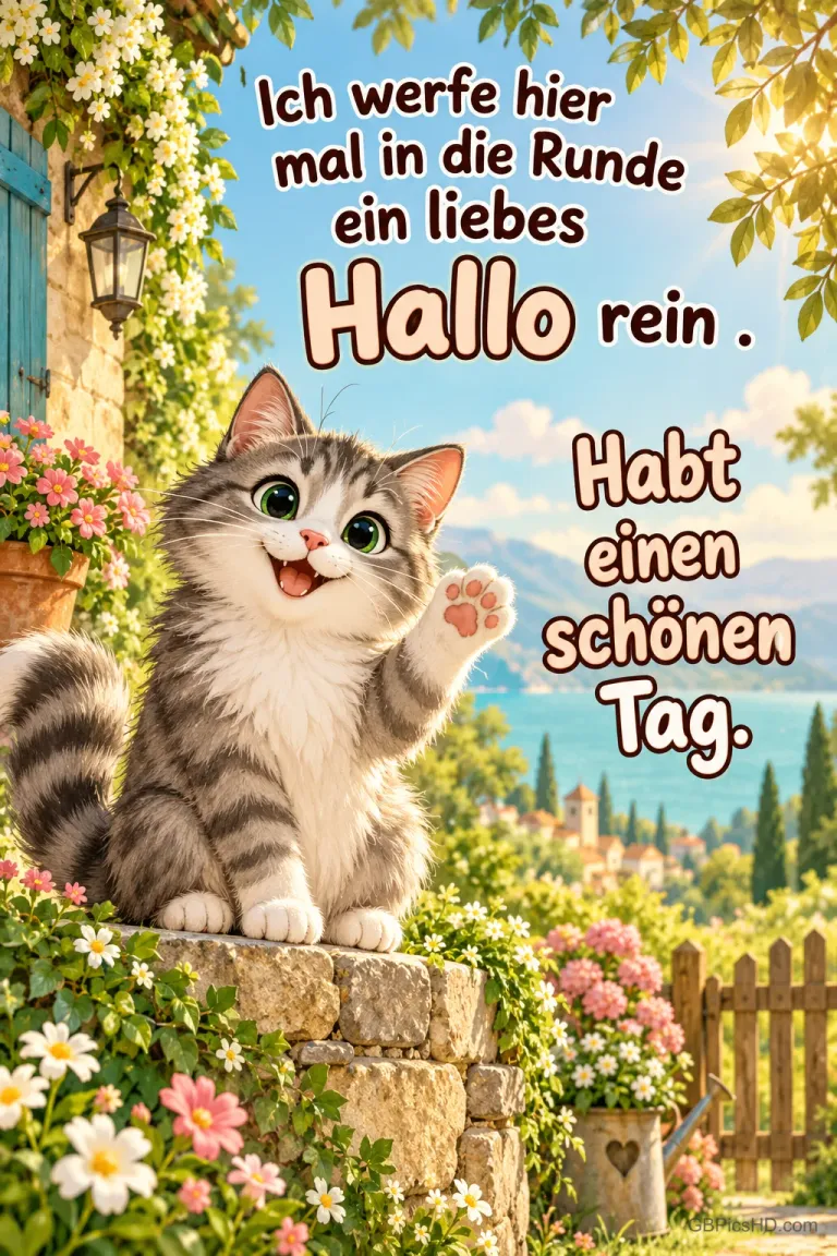 Ein Kätzchen hebt die Pfote auf einer blumenumgebenen Gartenmauer neben "Habt einen schönen Tag.".
