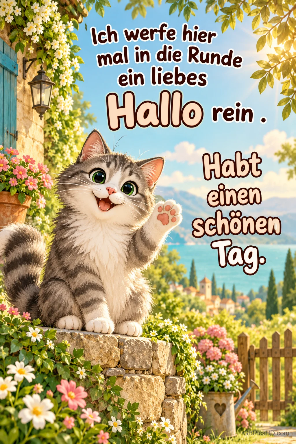 Ein Kätzchen hebt die Pfote auf einer blumenumgebenen Gartenmauer neben "Habt einen schönen Tag.". Ein Kätzchen hebt die Pfote auf einer blumenumgebenen Gartenmauer neben "Habt einen schönen Tag.".