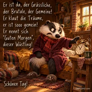 Ein Dachs im roten Bademantel greift vom Bett nach dem Wecker, begleitet von "Schönen Tag!".