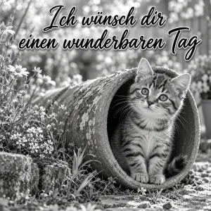 Ein Kätzchen sitzt in einem liegenden Tontopf zwischen Blumen unter "Ich wünsch dir einen wunderbaren Tag".