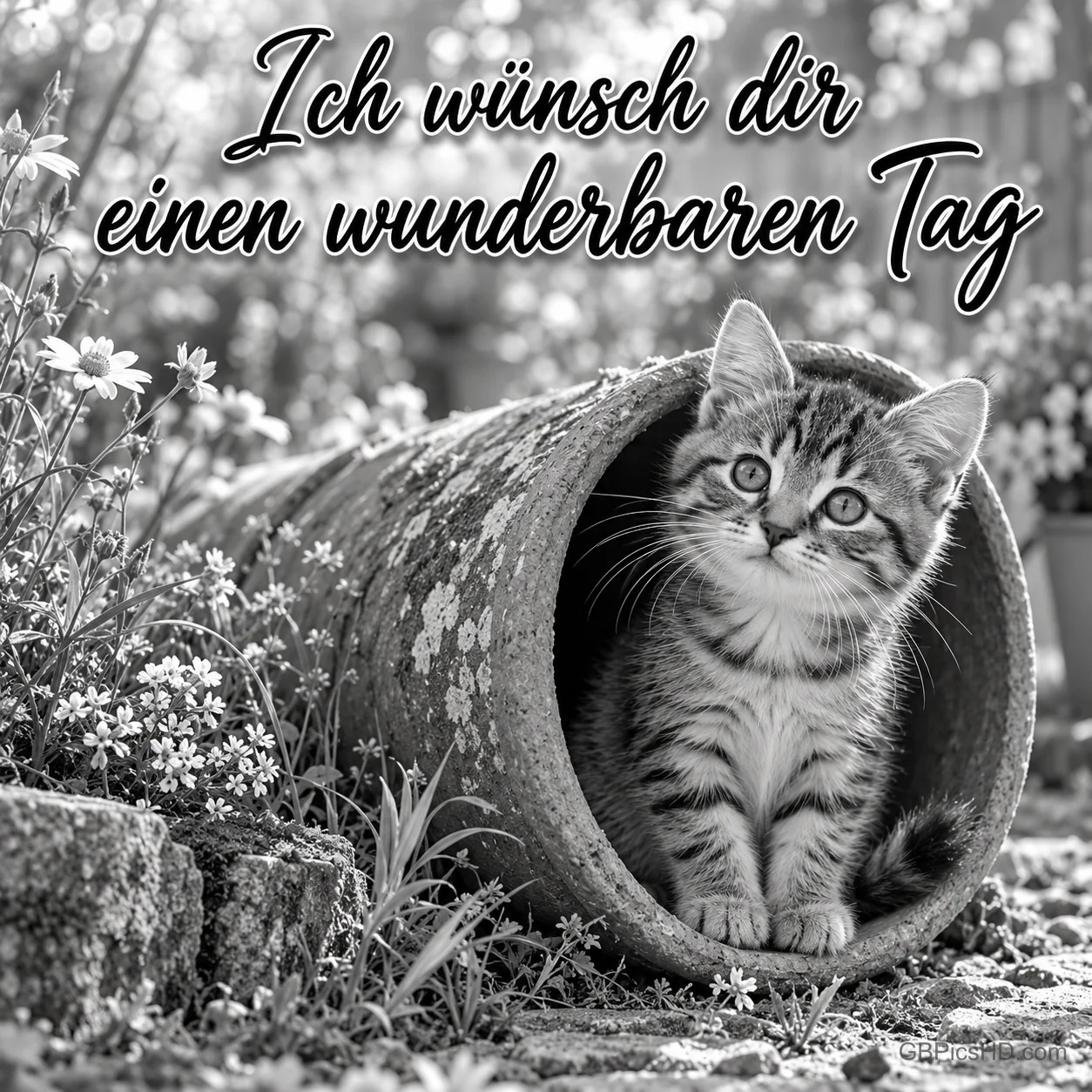 Ein Kätzchen sitzt in einem liegenden Tontopf zwischen Blumen unter "Ich wünsch dir einen wunderbaren Tag".