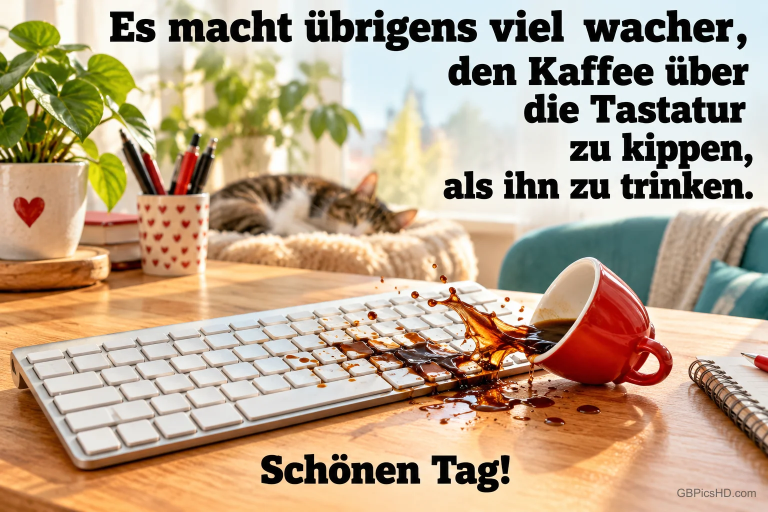 Kaffee fließt aus einer roten Tasse über eine weiße Tastatur; dahinter schläft eine Katze, darunter steht "Schönen Tag!". Kaffee fließt aus einer roten Tasse über eine weiße Tastatur; dahinter schläft eine Katze, darunter steht "Schönen Tag!".