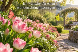 Rosa Tulpen und zwei Schmetterlinge säumen einen sonnigen Gartenweg unter "Ich wünsche Dir einen wunderschönen sonnigen Tag".