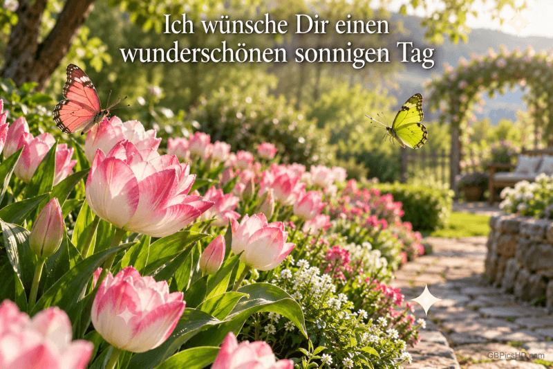 Rosa Tulpen und zwei Schmetterlinge säumen einen sonnigen Gartenweg unter "Ich wünsche Dir einen wunderschönen sonnigen Tag".