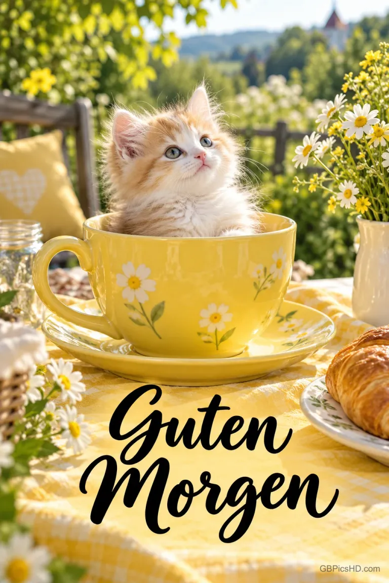 Ein Kätzchen sitzt in einer gelben Blumentasse auf dem Frühstückstisch über dem Schriftzug "Guten Morgen".