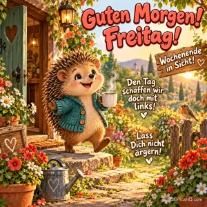 Ein Igel mit Kaffeetasse steht vor einer blühenden Haustür; darüber steht "Guten Morgen! Freitag!".
