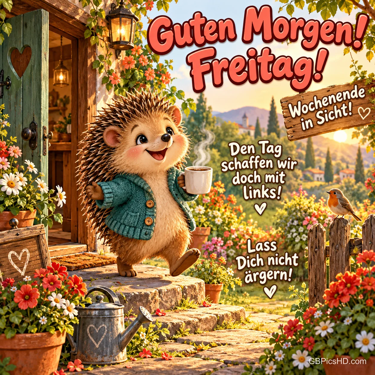 Ein Igel mit Kaffeetasse steht vor einer blühenden Haustür; darüber steht "Guten Morgen! Freitag!".