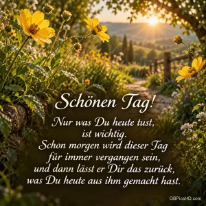 Gelbe Blumen säumen einen sonnigen Gartenweg mit dem Gruß "Schönen Tag!".