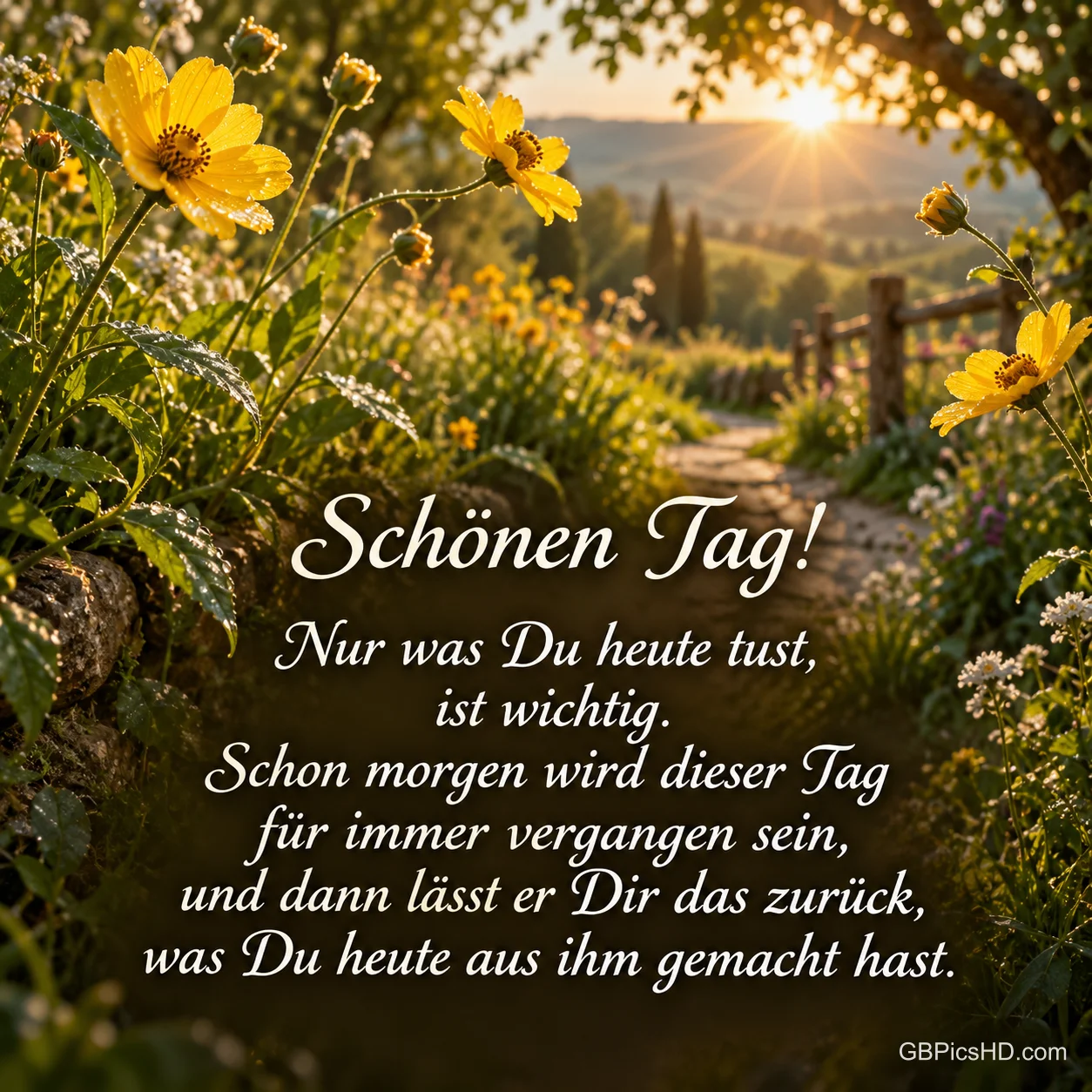 Gelbe Blumen säumen einen sonnigen Gartenweg mit dem Gruß "Schönen Tag!".