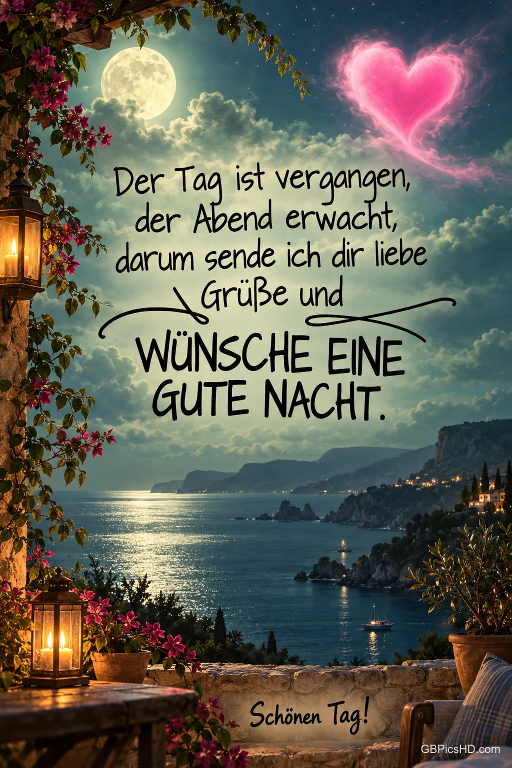 Mond und rosa Herz leuchten über einer Küstenbucht mit Laternen und dem Gruß "WÜNSCHE EINE GUTE NACHT.". Mond und rosa Herz leuchten über einer Küstenbucht mit Laternen und dem Gruß "WÜNSCHE EINE GUTE NACHT.".