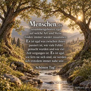Zwei große Bäume rahmen einen Bach in einer sonnigen Berglandschaft mit dem Gruß "Schönen Tag!".
