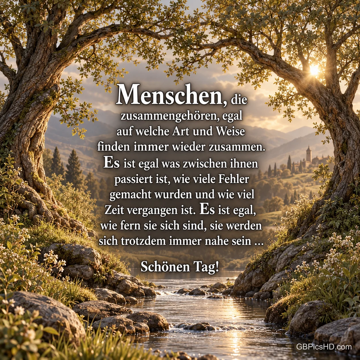 Zwei große Bäume rahmen einen Bach in einer sonnigen Berglandschaft mit dem Gruß "Schönen Tag!". Zwei große Bäume rahmen einen Bach in einer sonnigen Berglandschaft mit dem Gruß "Schönen Tag!".