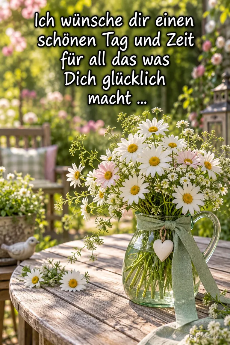 Ein Blumenkrug im Garten mit "Ich wünsche dir einen schönen Tag und Zeit für all das was Dich glücklich macht ...".