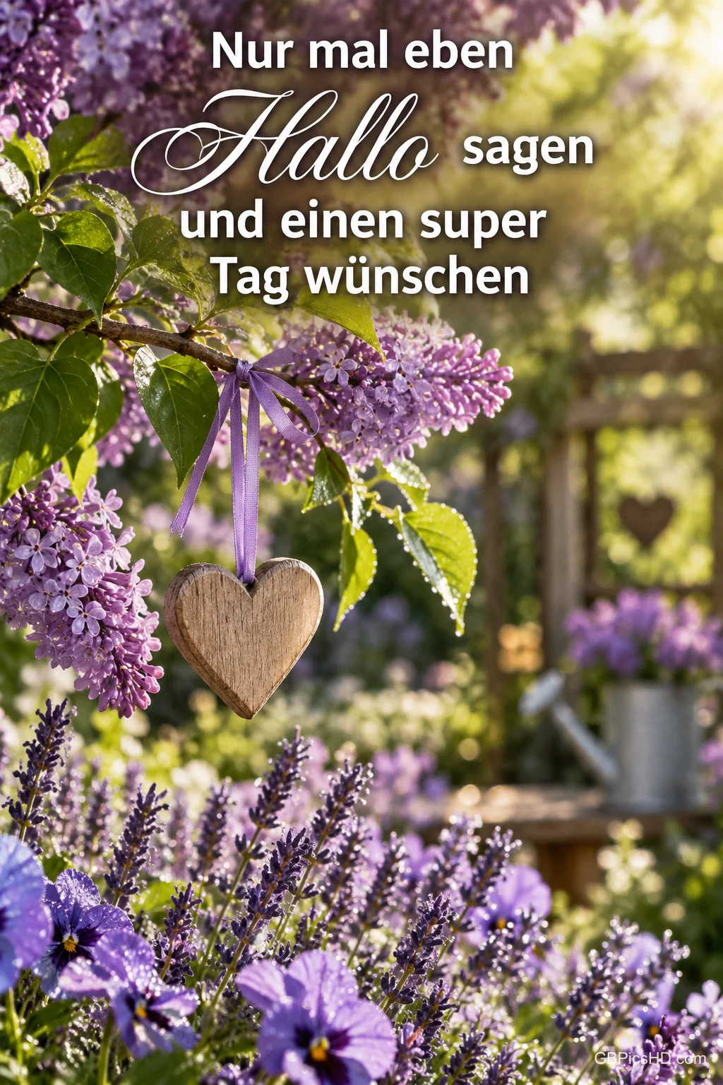 Ein Holzherz hängt an einer lila Schleife zwischen Fliederblüten unter "Nur mal eben Hallo sagen und einen super Tag wünschen". Ein Holzherz hängt an einer lila Schleife zwischen Fliederblüten unter "Nur mal eben Hallo sagen und einen super Tag wünschen".
