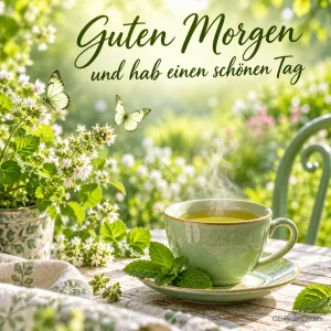 Eine dampfende grüne Tasse, Minze und Schmetterlinge im Garten mit "Guten Morgen und hab einen schönen Tag".